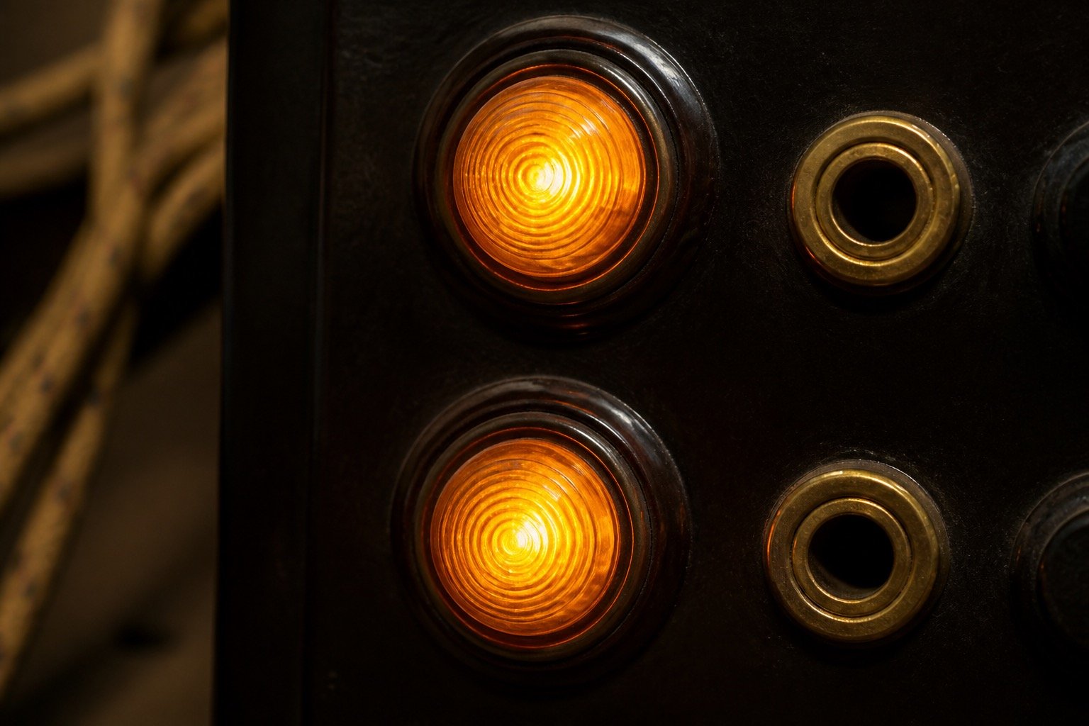 Amber operator indicator lamps on a dark switchboard
