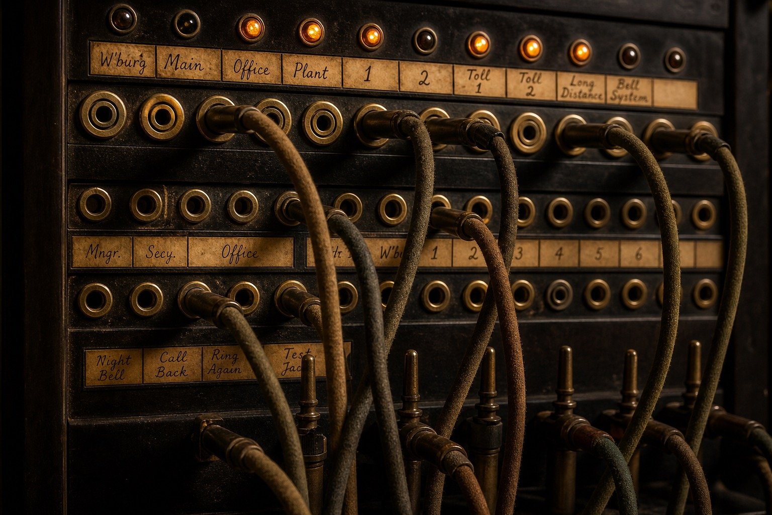 Manual telephone switchboard panel with patch cords and amber lamps