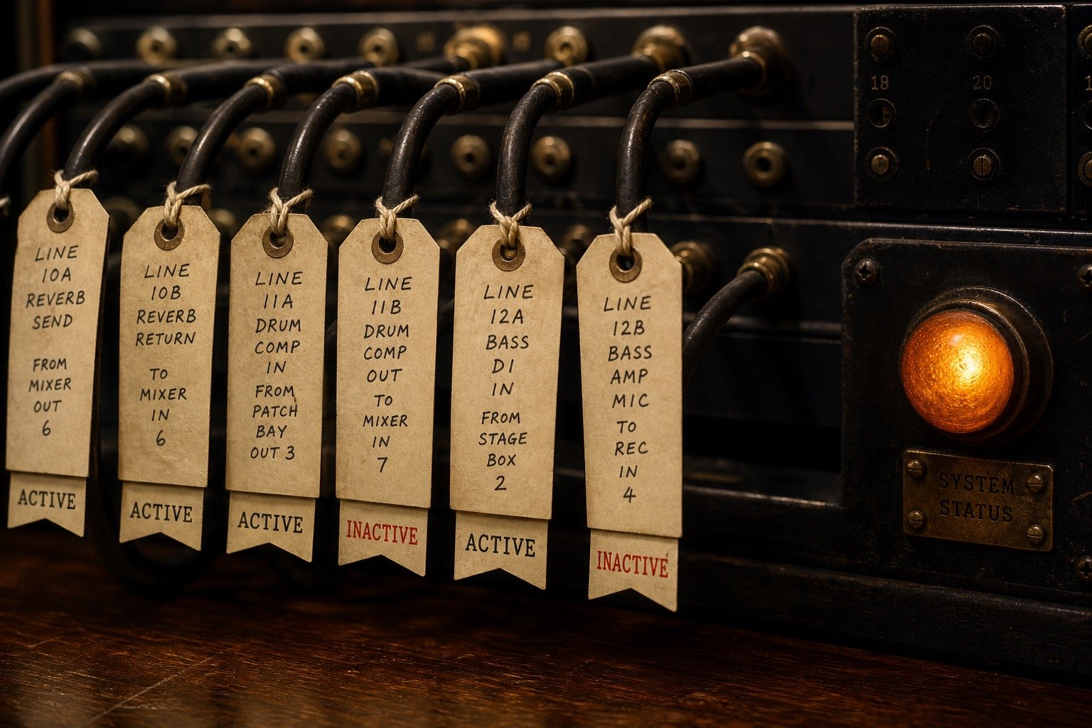 Handwritten line tags clipped to patch cords