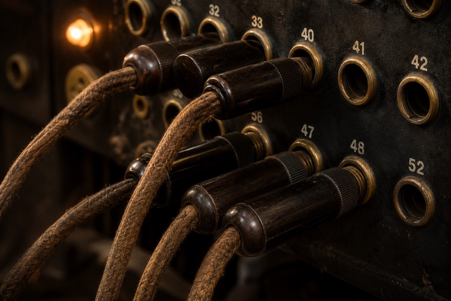 Bakelite plugs and cloth-covered patch cords in warm light