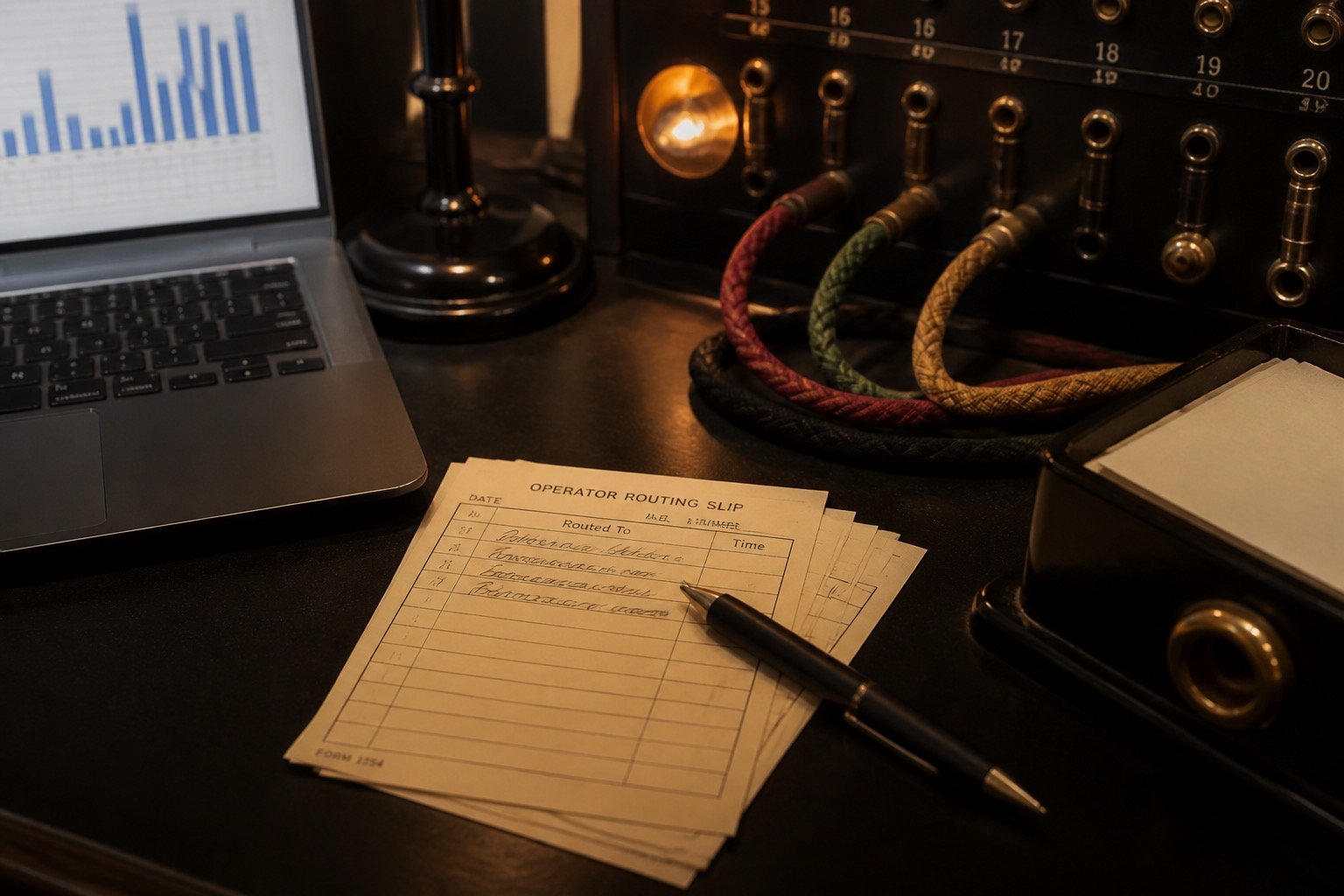 Operator desk with laptop, routing slips and amber lamp